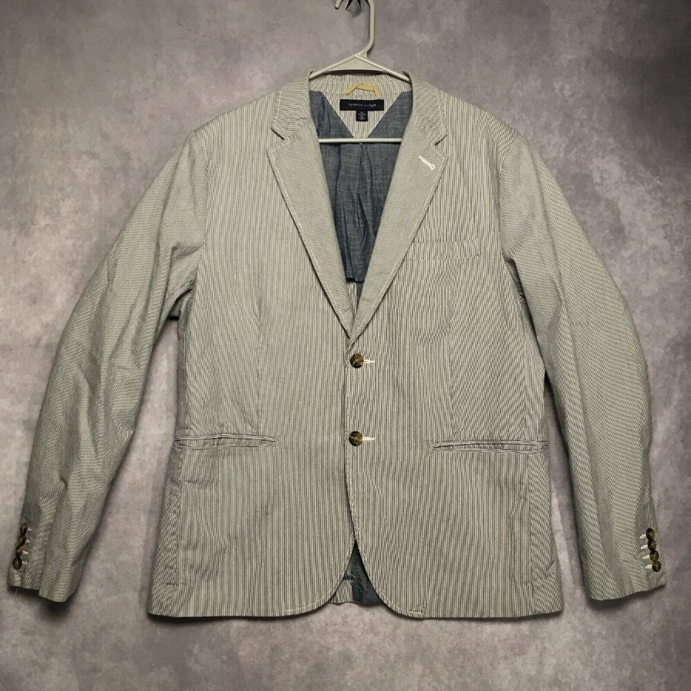 Tommy Hilfiger Mens Blazer Sport Coat size XL TG XG 44 Blue White Hickory Stripe